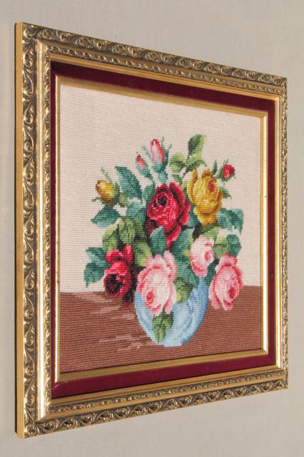 bohemian vintage framed rose bouquet crewel wool needlepoint picture in fancy gold frame