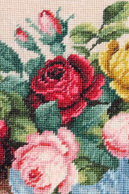 bohemian vintage framed rose bouquet crewel wool needlepoint picture in fancy gold frame