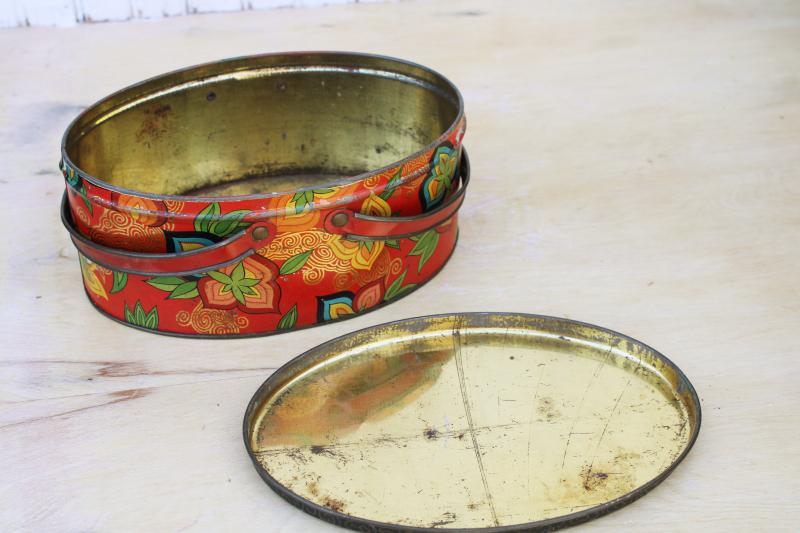 bohemian vintage red paisley print metal tin, oval sewing box w/ lid, basket handles