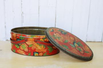 bohemian vintage red paisley print metal tin, oval sewing box w/ lid, basket handles