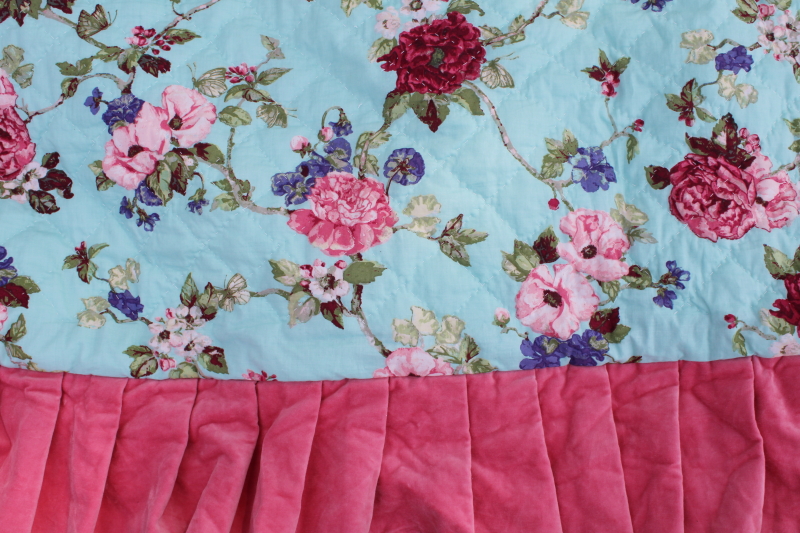 boho embroided patchwork quilt queen size bedspread, girly floral polka dot  pink velvet ruffled