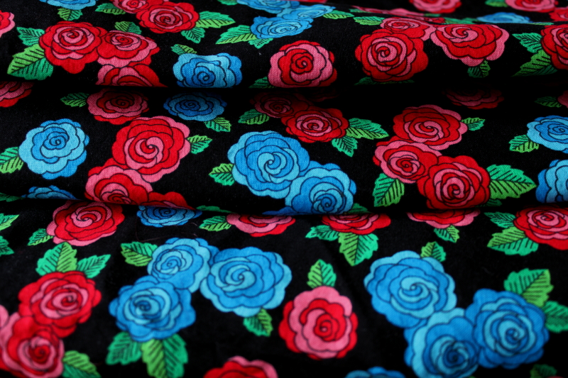 boho style print cotton fabric, bright colored roses on black background
