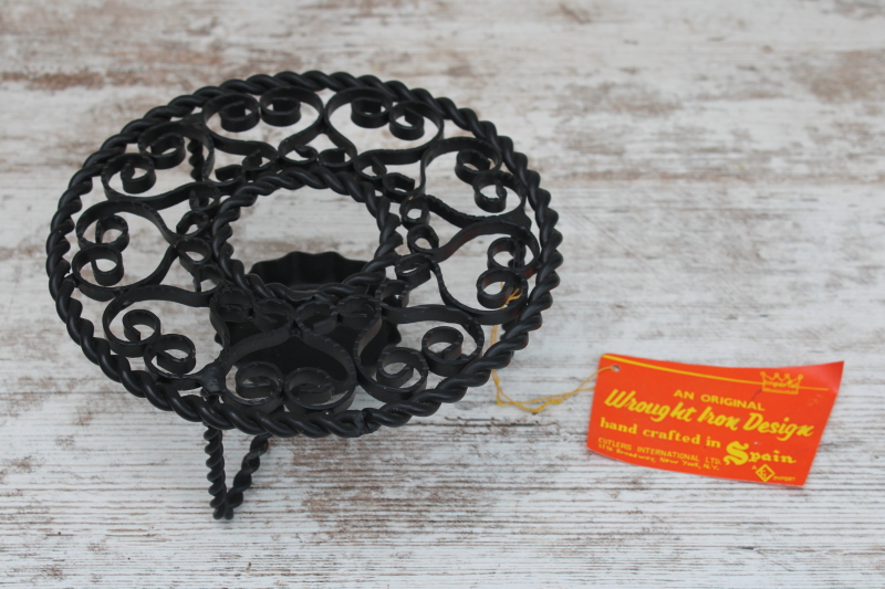 boho vintage Spanish wrought iron candle holder warming stand, tea or coffee warmer w/ tag