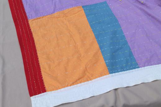 boho vintage quilt w/ running stitch & hand embroidery, color block cotton bed 