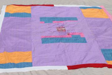 boho vintage quilt w/ running stitch & hand embroidery, color block cotton bed 
