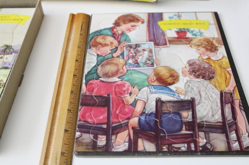 box of vintage cardboard frame jigsaw puzzles Bible scenes for children Sunday school