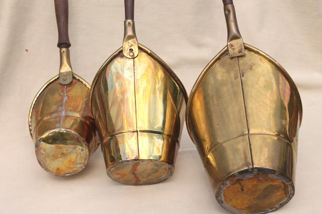 brass dipper pails w/ long wood handles, vintage reproduction antique metalware