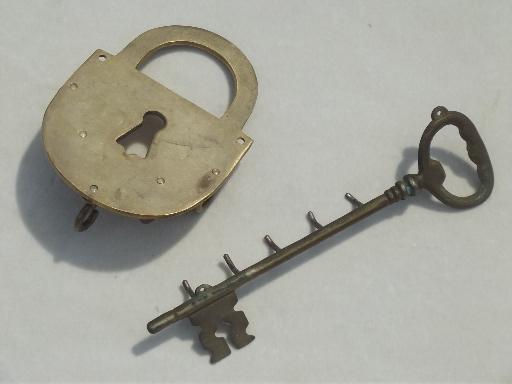 brass padlock & skeleton key, vintage  lock & key wall hooks for keys