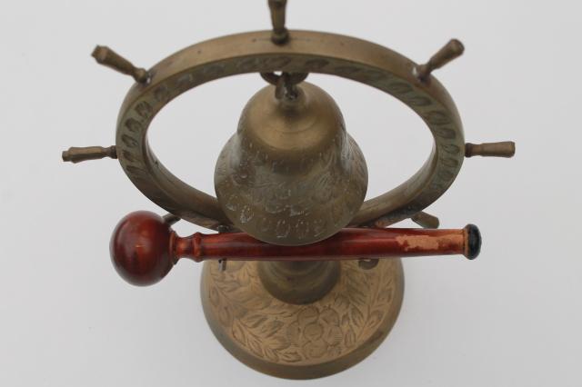 brass ship's wheel gong w/ wooden hammer, vintage dinner bell or boathouse ornament
