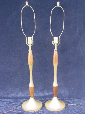 brass / teak pair danish modern vintage lamps
