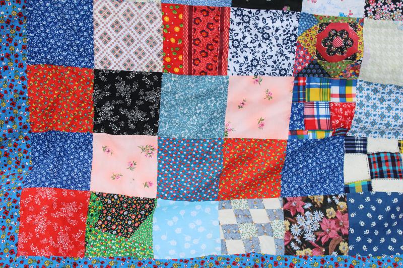 bright boho patchwork quilt or tablecloth, hippie vintage 1970s retro