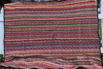bright colors vintage crochet afghan, big throw blanket mosaic pattern stripes