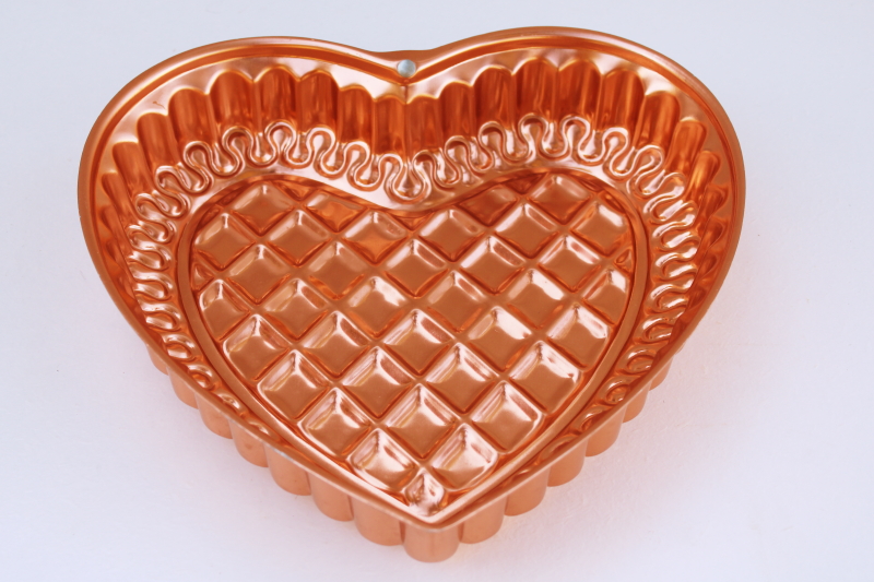 bright copper color vintage aluminum mold, quilted heart jello mold or baking pan