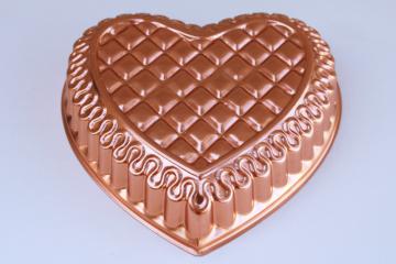 bright copper color vintage aluminum mold, quilted heart jello mold or baking pan