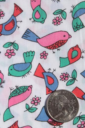bright little bird print vintage cotton or blend sheeting, retro sheet print fabric