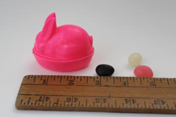 bright pink hard plastic Easter candy container, bunny on nest vintage basket filler