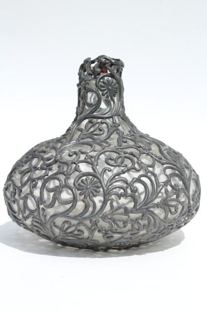 broken antique glass bottle, decanter w/ applied pewter overlay dull silver metal filigree
