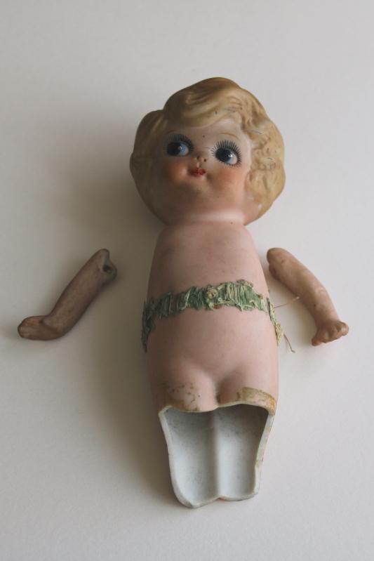 broken googly doll, vintage Japan china doll w/ waved bob and big wide ey