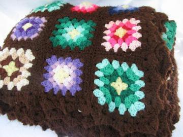 brown w/ bright colors, retro vintage granny square crochet afghan blanket