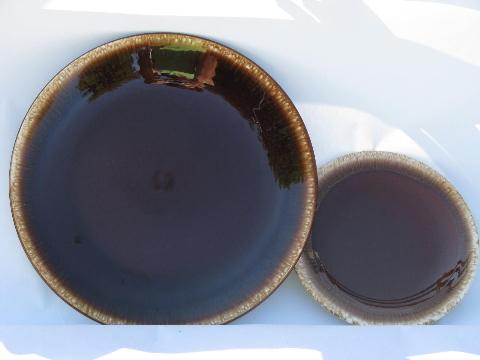 brown drip pottery, retro vintage stoneware plates in two sizes, set for 8