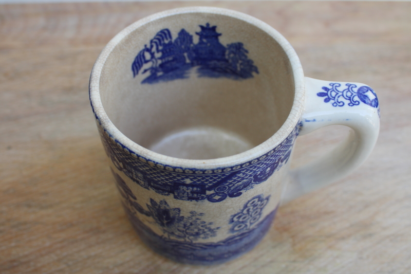 browned old blue  white willow pattern coffee cup or mug, vintage transferware china