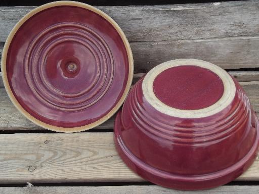 burgundy wine vintage USA pottery bowl w/lid, bean pot or casserole dish