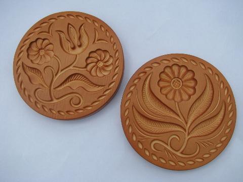 butter mold print, vintage Miller signed chalkware wall plaques for kitchen