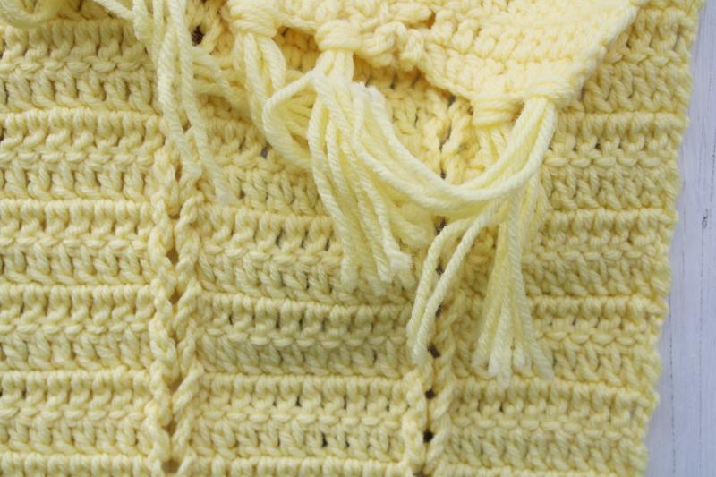 butter yellow soft acrylic afghan, handmade crochet fringed throw blanket