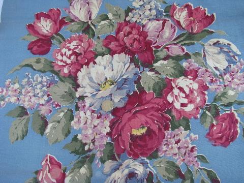 cabbage roses floral on blue, vintage 1920s linen weave heavy cotton fabric