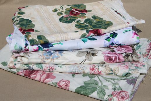 cabbage roses & rose floral print vintage fabric lot, cotton decorator ...