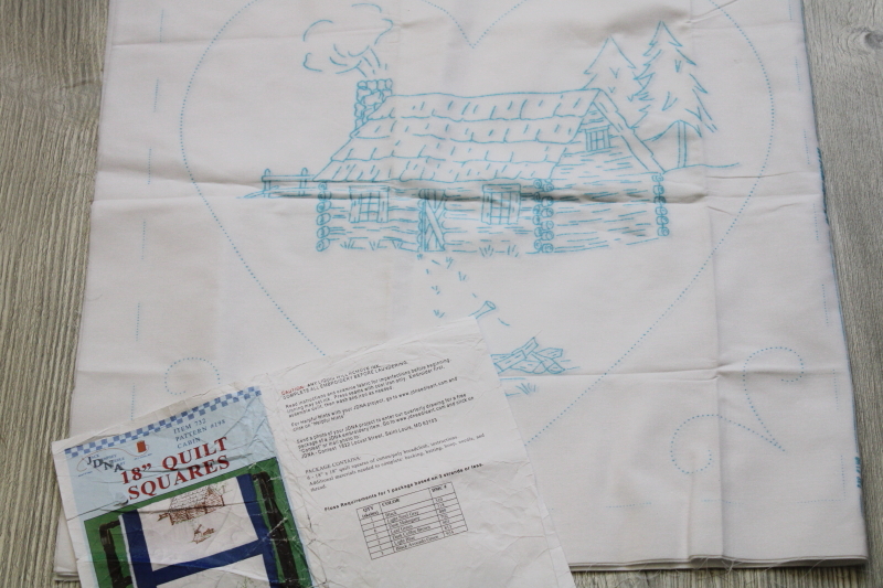 cabin in a heart quilt blocks to embroider, poly cotton fabric stamped for embroidery 1990s vintage