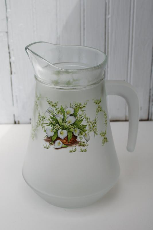 calla lilies print frosted glass pitcher, KIG Indonesia modern vintage glass