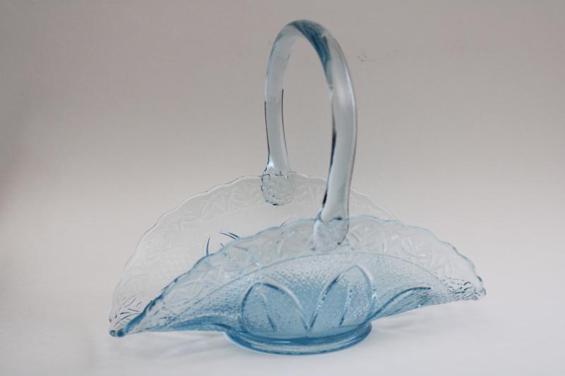 capri blue glass brides basket, vintage Princess House sandwich pattern glass
