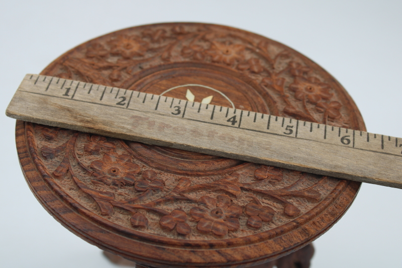 carved wood mini table plant stand made in India, trivet top w/ folding base, vintage boho decor