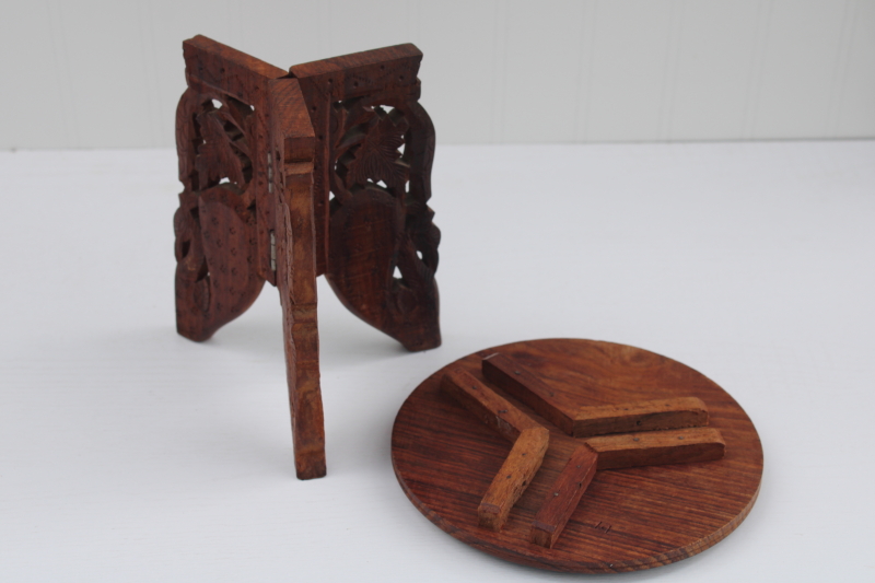 carved wood mini table plant stand made in India, trivet top w/ folding base, vintage boho decor