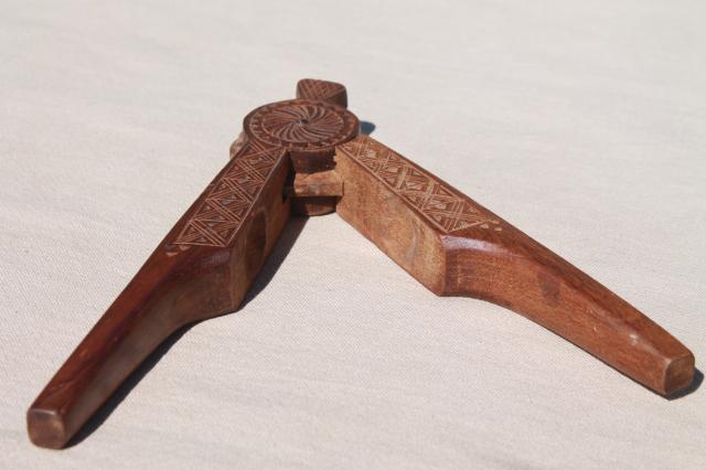 carved wood nutcracker from Russia or eastern Europe, wooden nut cracker w/ chip carving