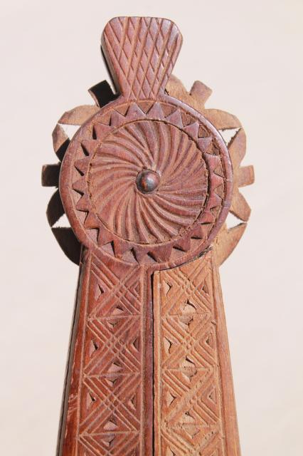 carved wood nutcracker from Russia or eastern Europe, wooden nut cracker w/ chip carving