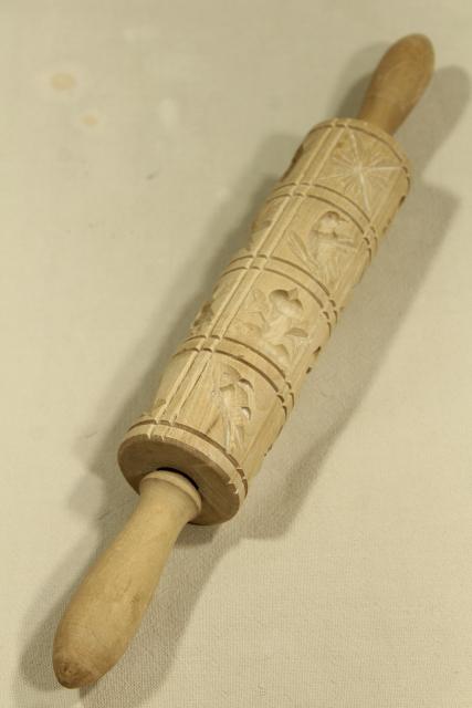 carved wooden rolling pin, vintage springerle Christmas cookie mold press