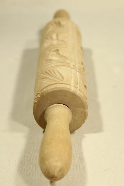 carved wooden rolling pin, vintage springerle Christmas cookie mold press