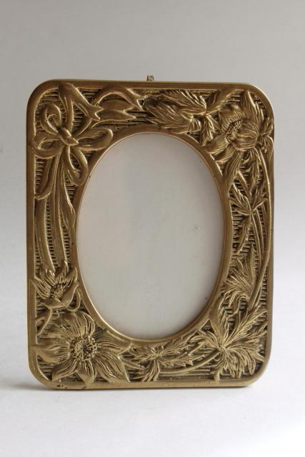 cast brass picture frame w/ floral design, 80s vintage easel stand photo frame