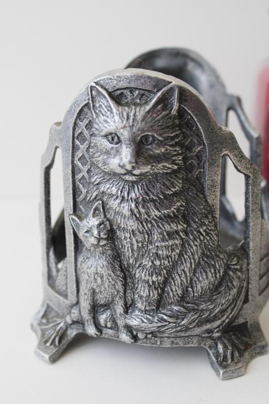 cast metal large jar candle holder w/ cats, vintage Yankee Candle or Carson pewter