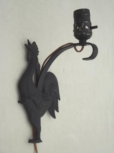 cast metal rooster wall mount lamp, 40s - 50s vintage pin-up type light