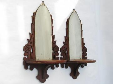 cathedral window fretwork, pair early 1900s walnut bracket shelves w/ mirrors