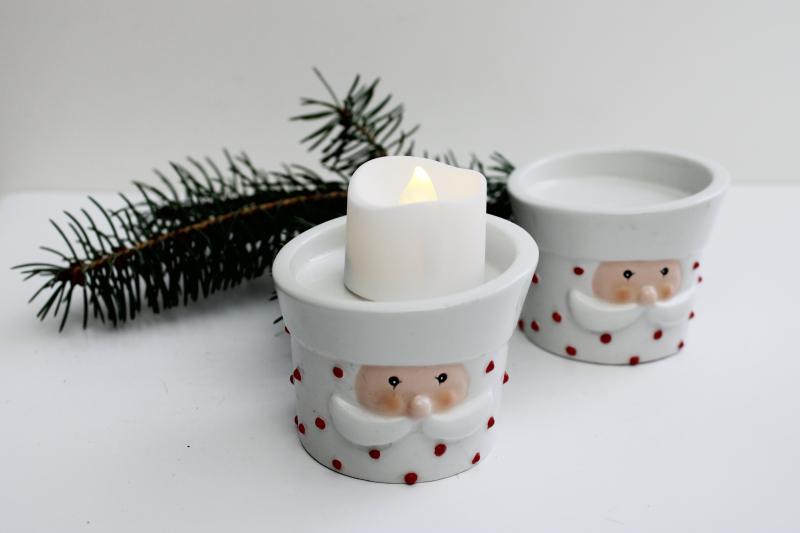 ceramic Santa tea light votive candle holders, vintage Dept 56 pin dot red on white<