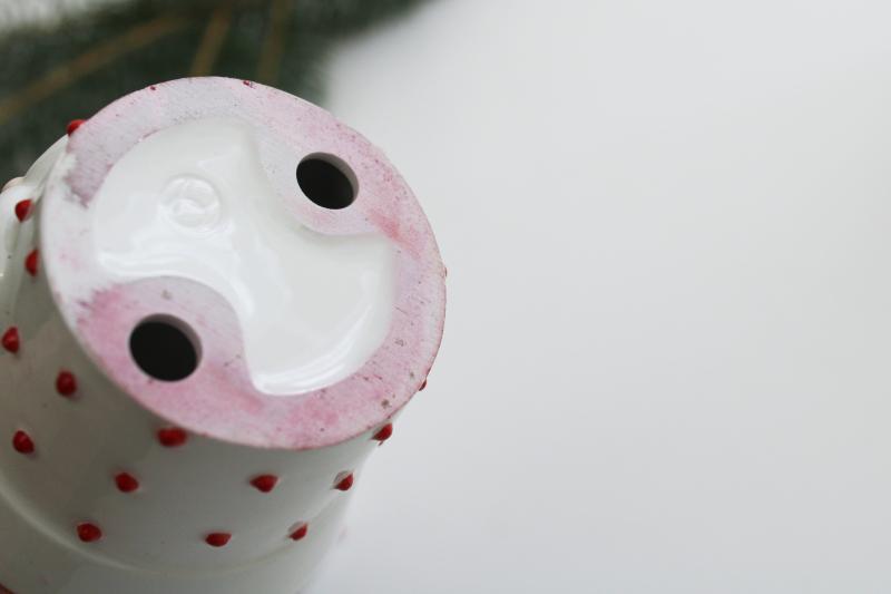 ceramic Santa tea light votive candle holders, vintage Dept 56 pin dot red on white<