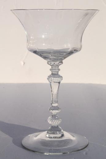 champagne glasses, vintage crystal clear Cambridge gadroon blank stems, rose point shape