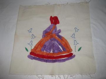 chenille & embroidery crinoline lady on cotton pillow cover, 1940s vintage