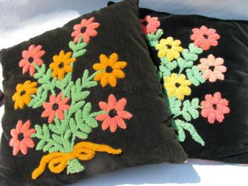 chenille embroidery on velvet, vintage boudoir pillows lot, down & cotton filled