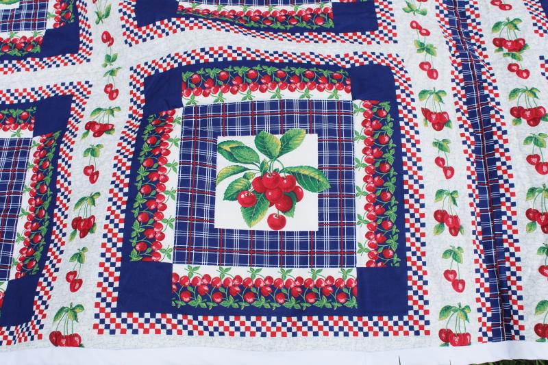 cherries print cotton red white blue porch quilt picnic blanket handmade vintage