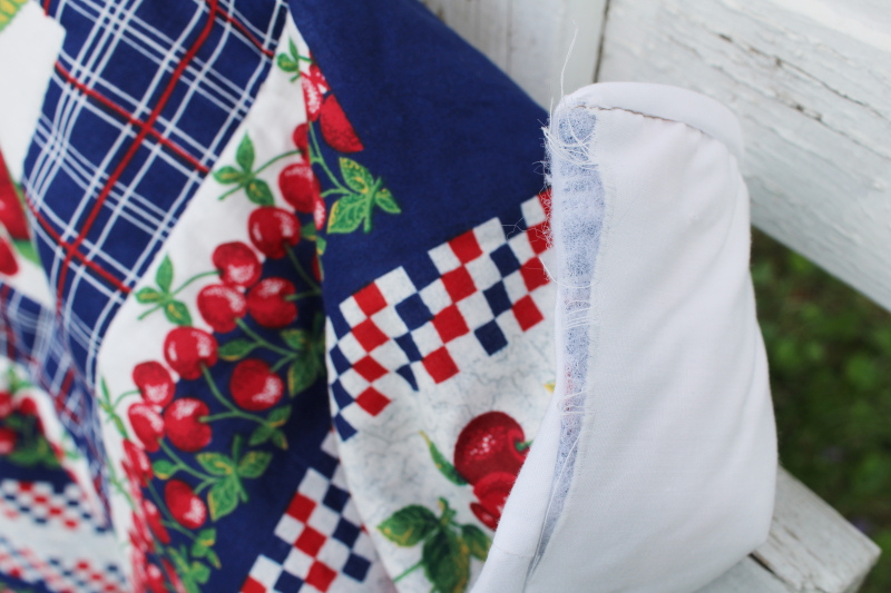 cherries print cotton red white blue porch quilt picnic blanket handmade vintage